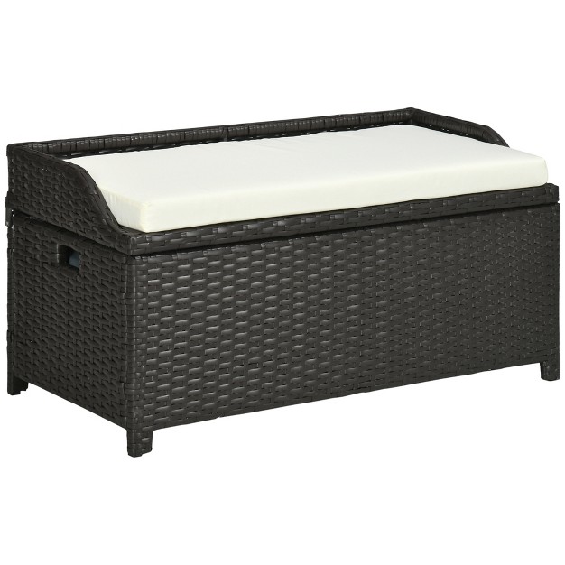 Outsunny Storage Bench Rattan Wicker Garden Deck Box Bin With Interior Waterproof Bag And Comfy Cushion Cream White