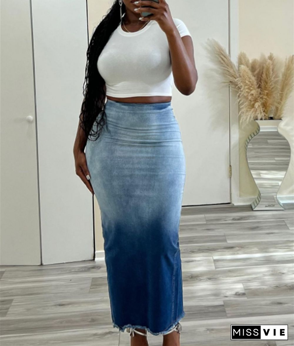 Gradient Print High Waist Slit Denim Skirt