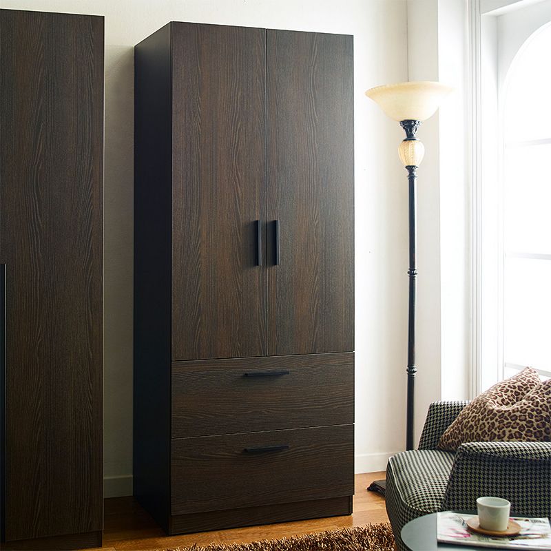 F.C Design Klair Living Two-Door Wood Closet with Two Drawers and Hanging Bars in Dark Brown