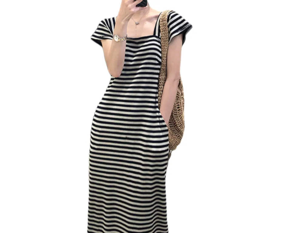 2024 Summer Maternity Striped Ruffle Sleeve Dress – Stylish & Slimming Short-Sleeve T-Shirt Dress