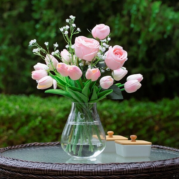 Mixed Rose and Tulip Flower Arrangement in Clear Glass Vase with Acrylic Water for Home Wedding Decoration