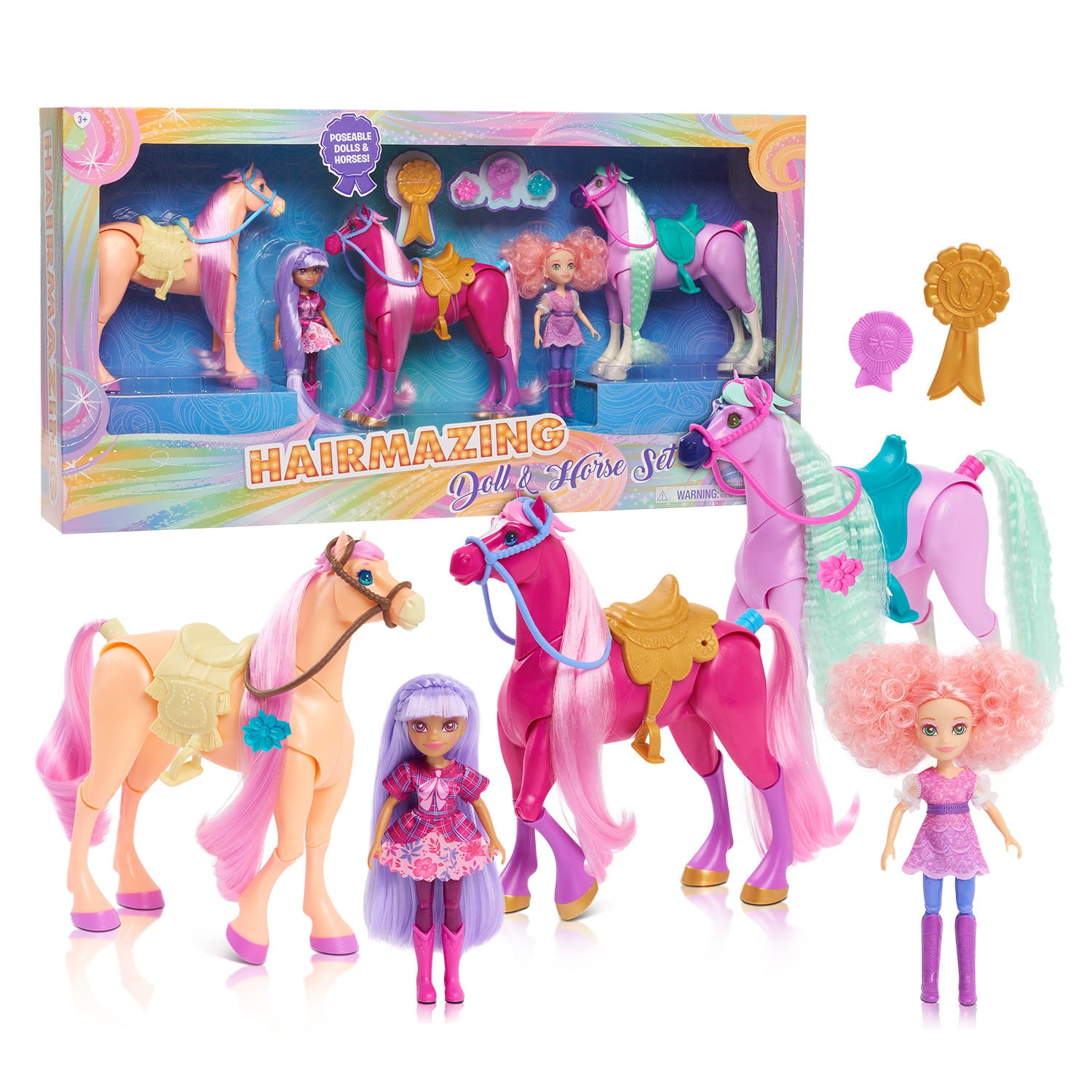 Hairmazing Doll and Horse Set, 9-Pieces Includes Articulated Dolls and Horses with Accessories,  Kids Toys for Ages 3 Up, Gifts and Presents