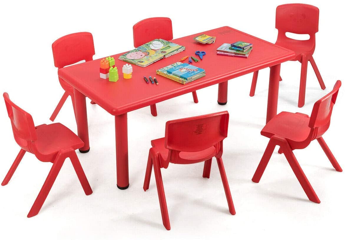 Costzon Kids Table and Chair Set, 6 Pcs Stackable Chairs, 47 x 23.5 Inch Rectangular Plastic Activity Table (Red)