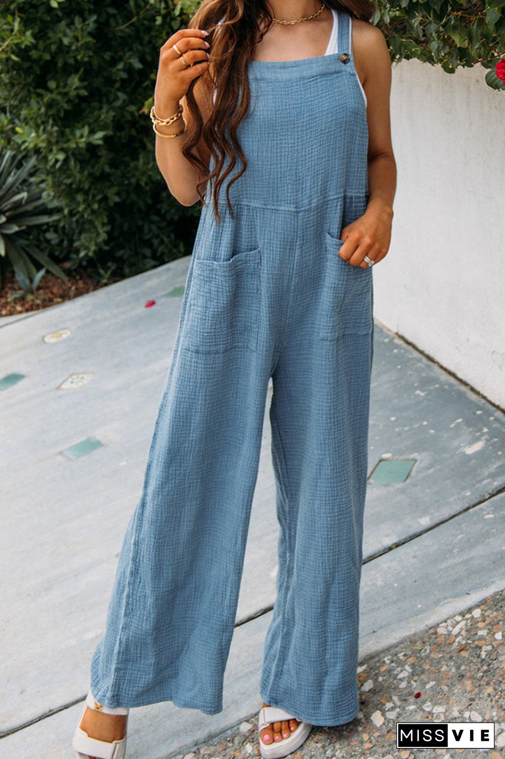 Plain Texture Wide Leg Cami Jumpsuit