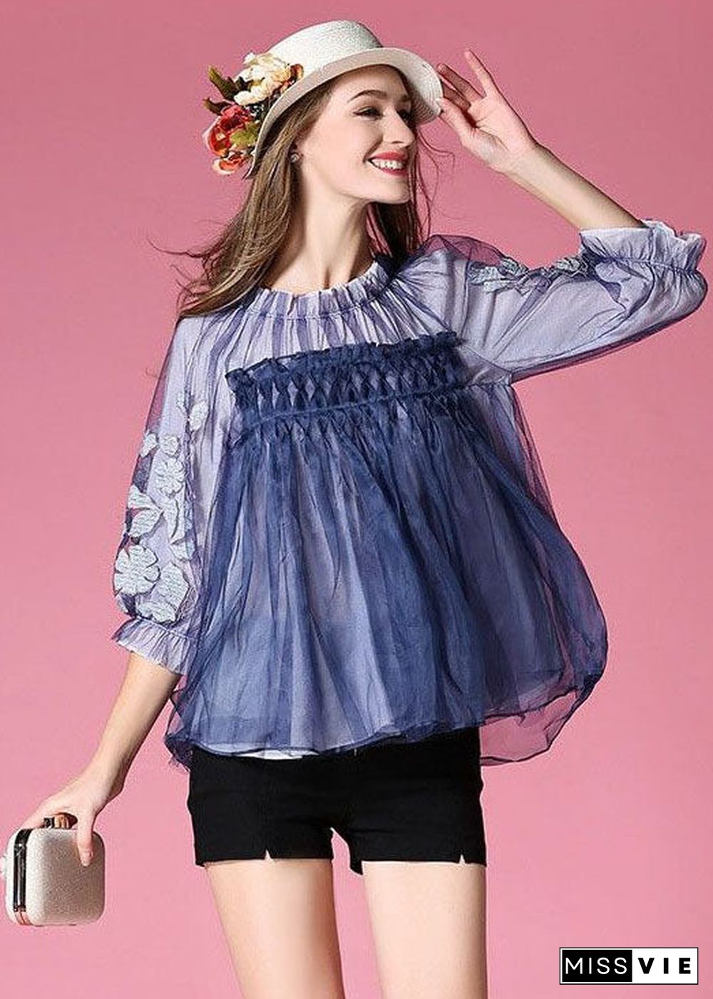 Casual Blue Embroideried Wrinkled Organza Blouses Half Sleeve