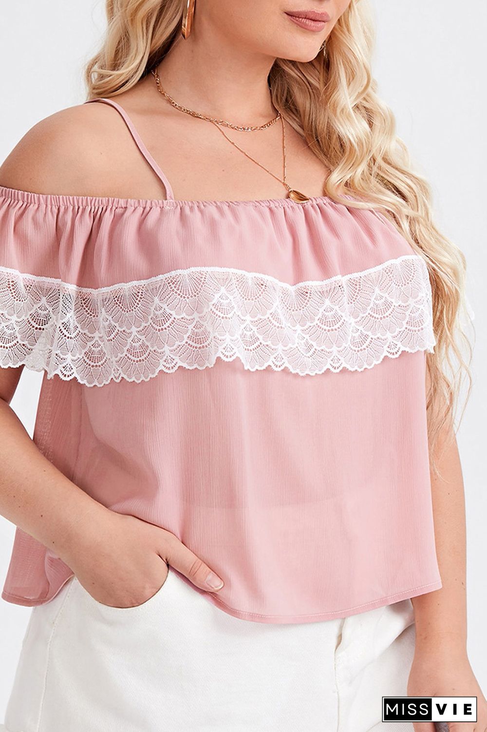 Pink Off Shoulder Lace Patchwork Plus Size Short Sleeves Top