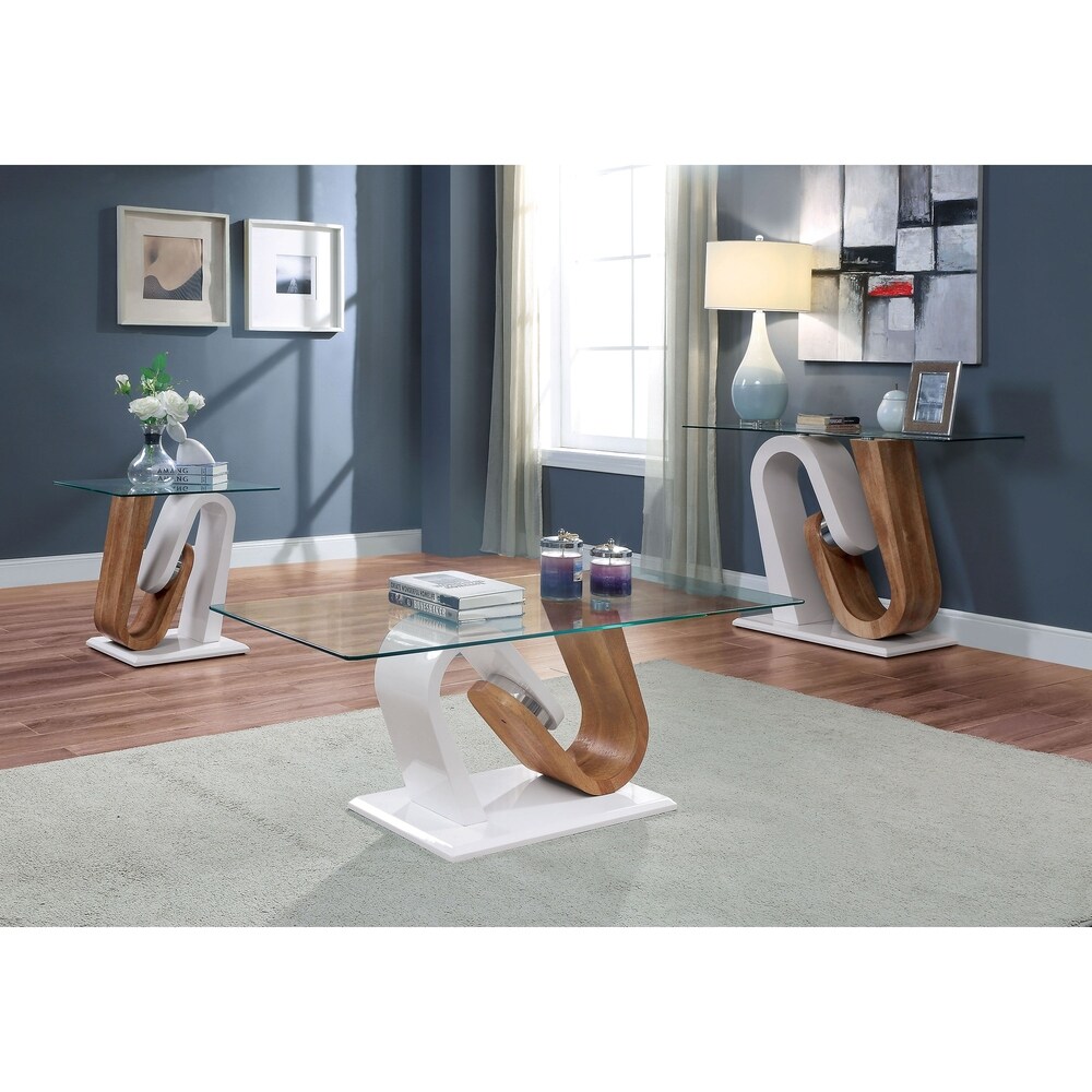 Tong Contemporary White and Natural 47 inch Glass Top 3 Piece Coffee Table Set by Furniture of America