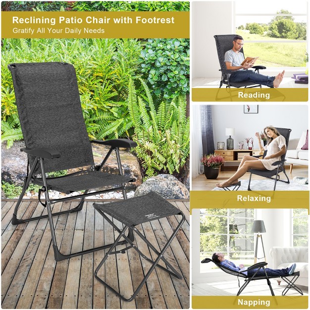 Costway 4pcs Patio Folding Dining Chair Ottoman Set Adjustable Back Camp Gray black