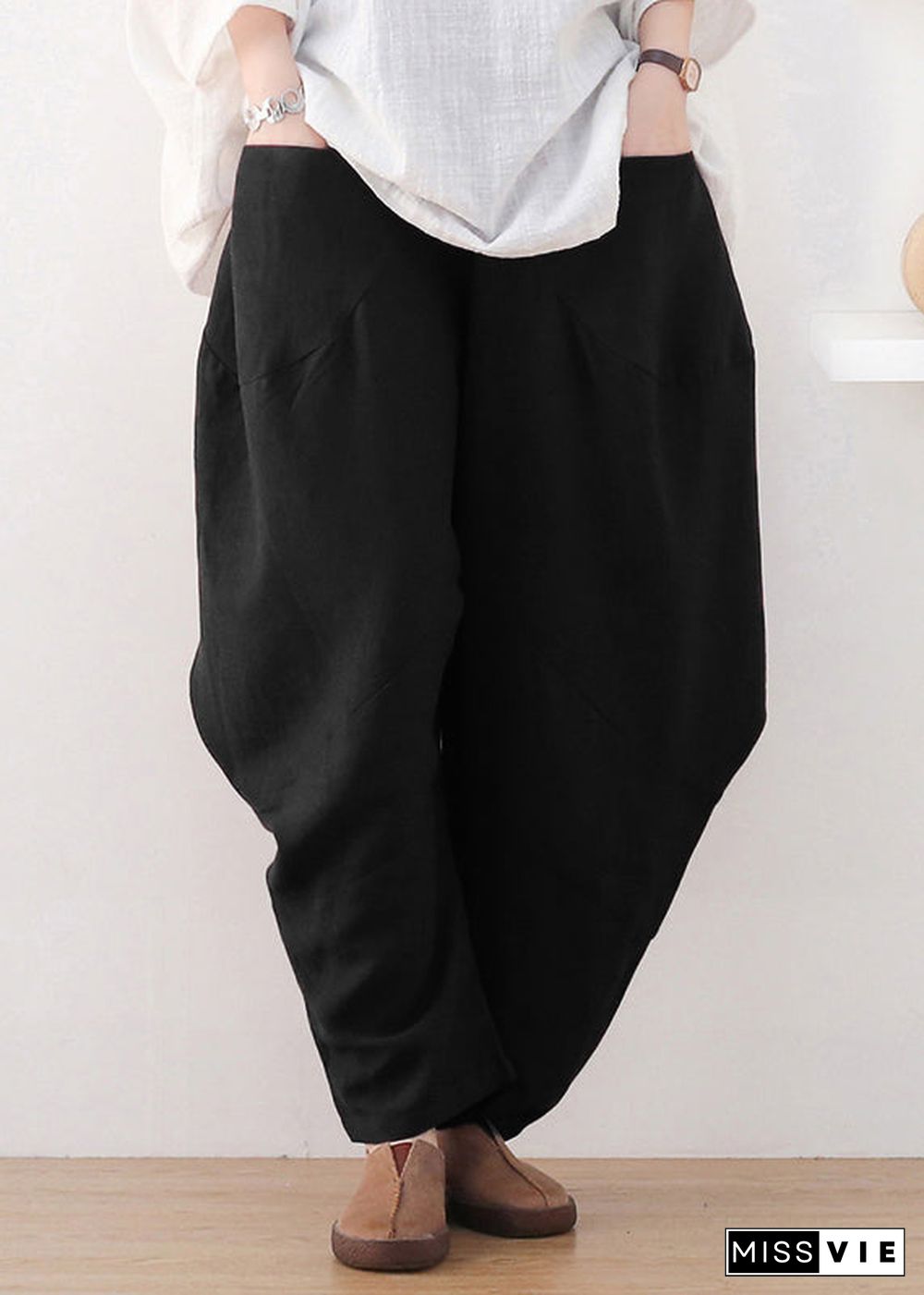 Black Elastic Waist Pockets Wide Leg Pants Fall