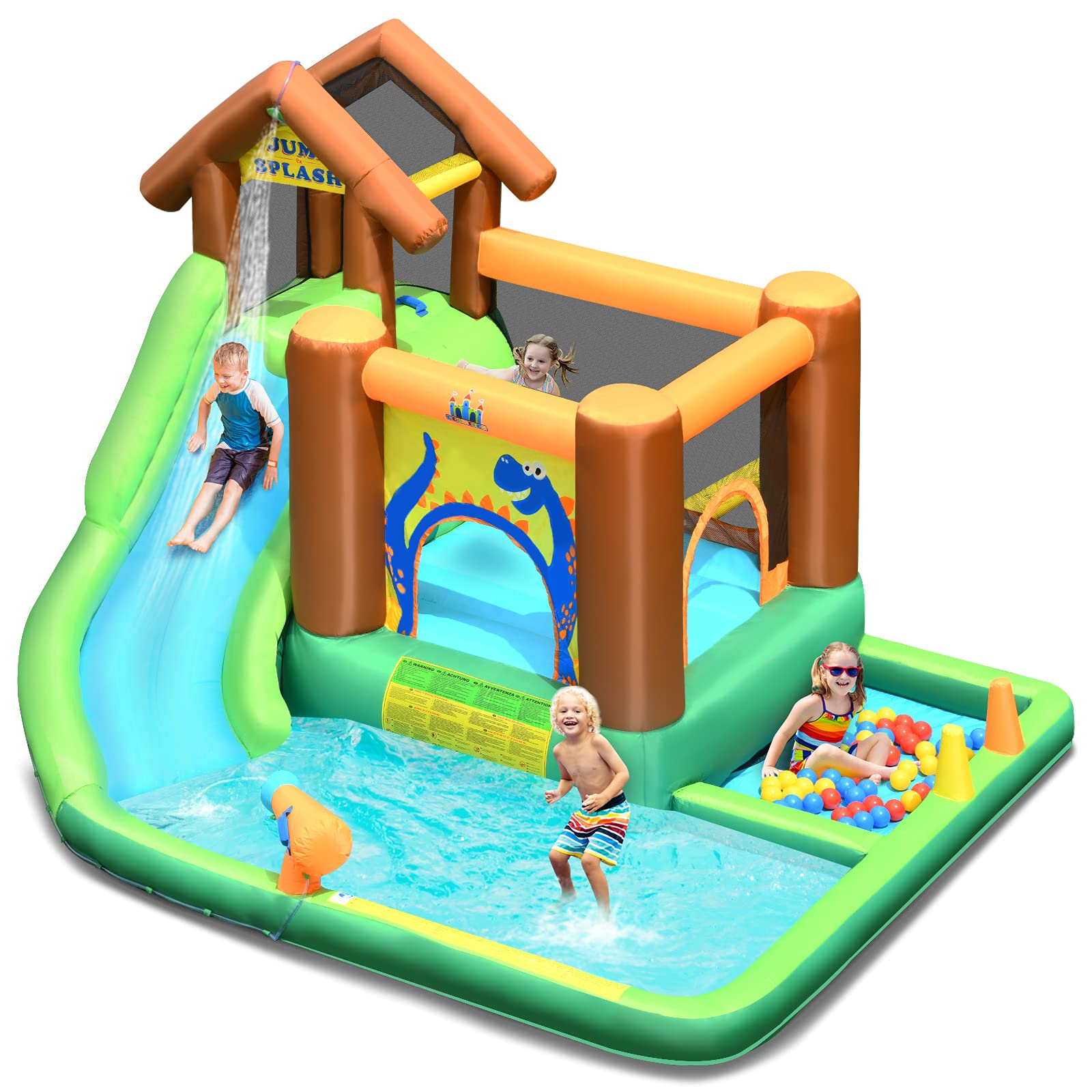 BOUNTECH Inflatable Bounce House | 6 in 1 Water Slide Jumping Park w/Splashing Pool