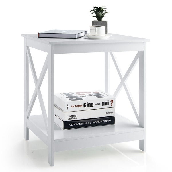 2-Tier Side Table with X-shape Design and 4 Solid Legs