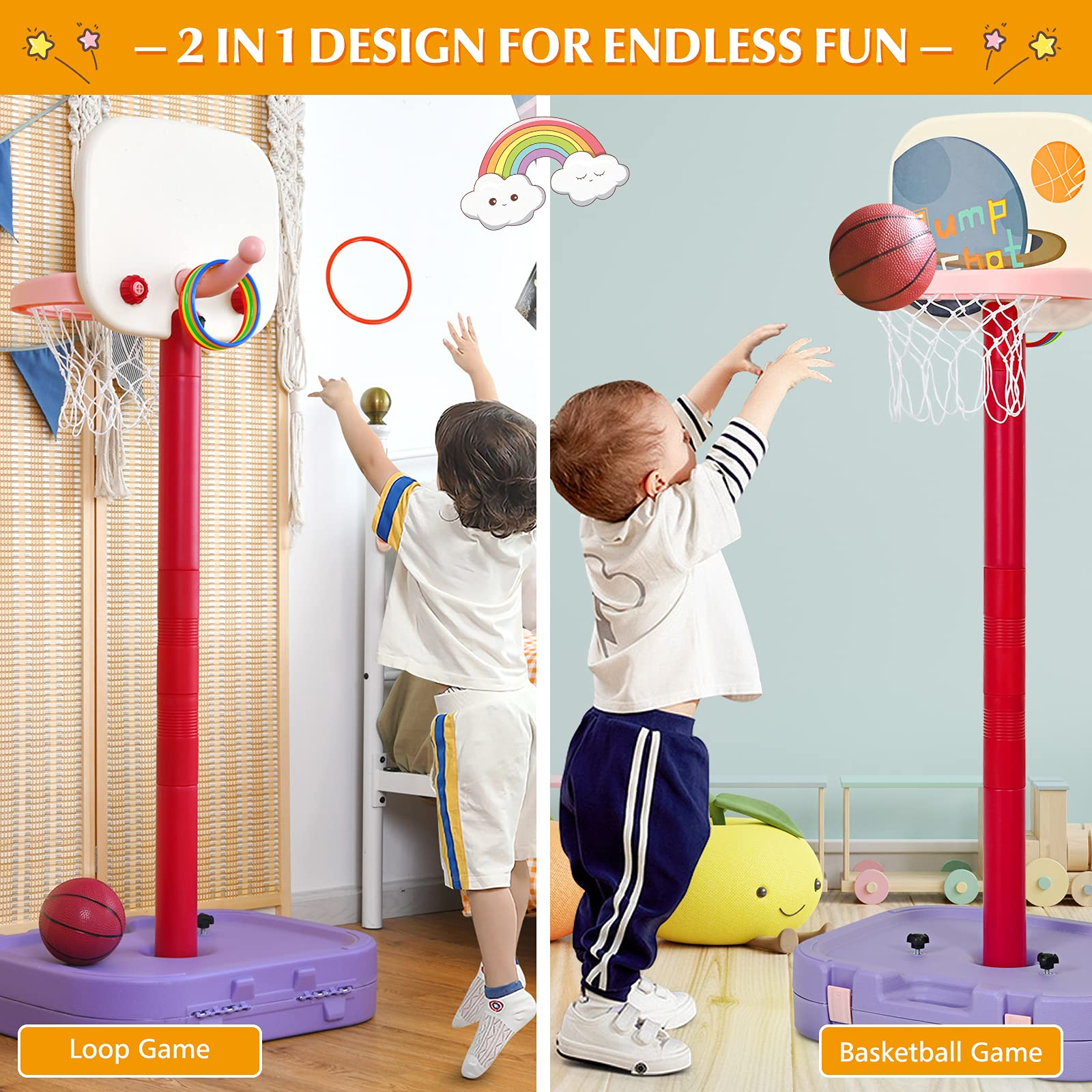 Costzon Kids Basketball Hoop, 2 in 1 Toddler Basketball Hoop Toy Set with Ring Toss & Storage Box for Boys Girls Baby