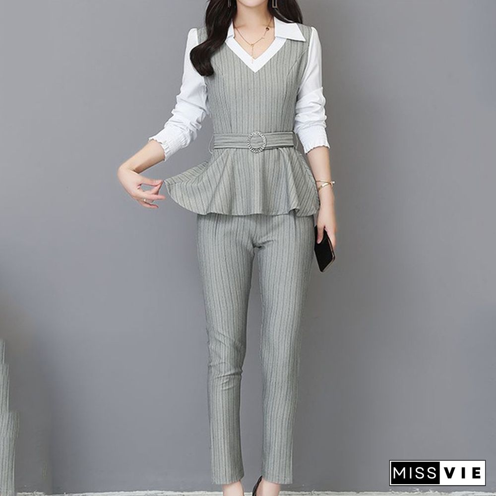 Grey Black Office Striped Two Piece Sets Outfits Women Plus Size Fake Two Pieces Shirts And Pants Suits Elegant Korean Sets