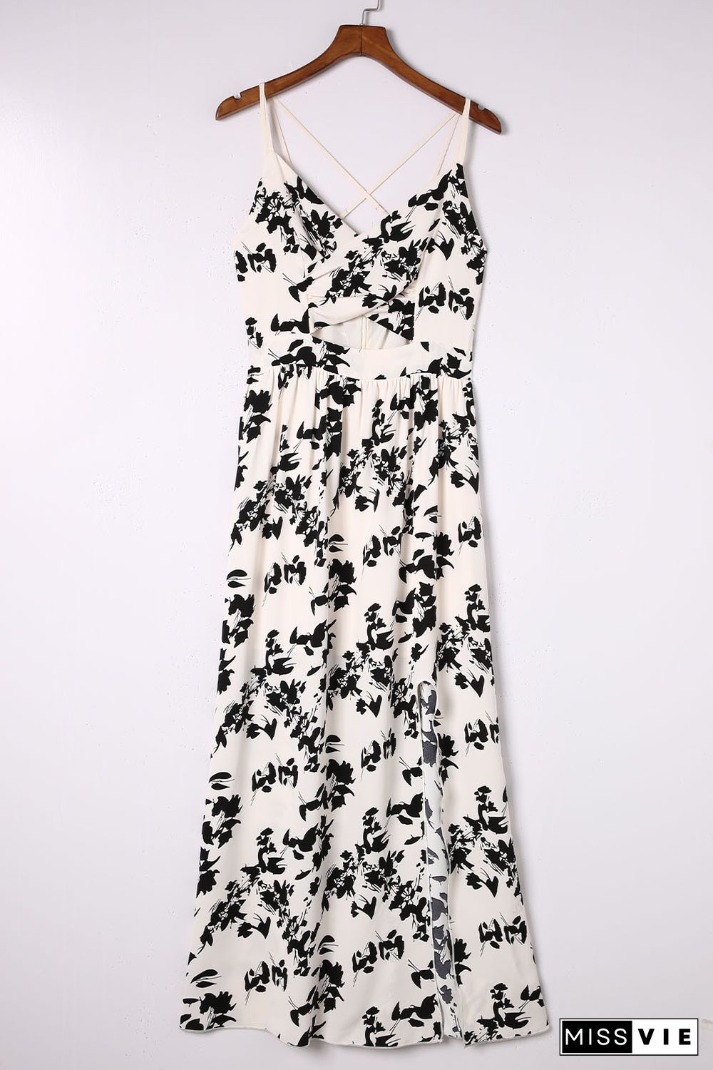 Beige Crossover Hollow-out Maxi Floral Dress with Slit