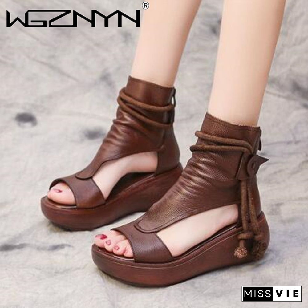 Hot New Summer Black Women Leather Sandals Cool Boots Platform Shoes Wedges Sandals Women Shoes Fashion Outdoor Sandals