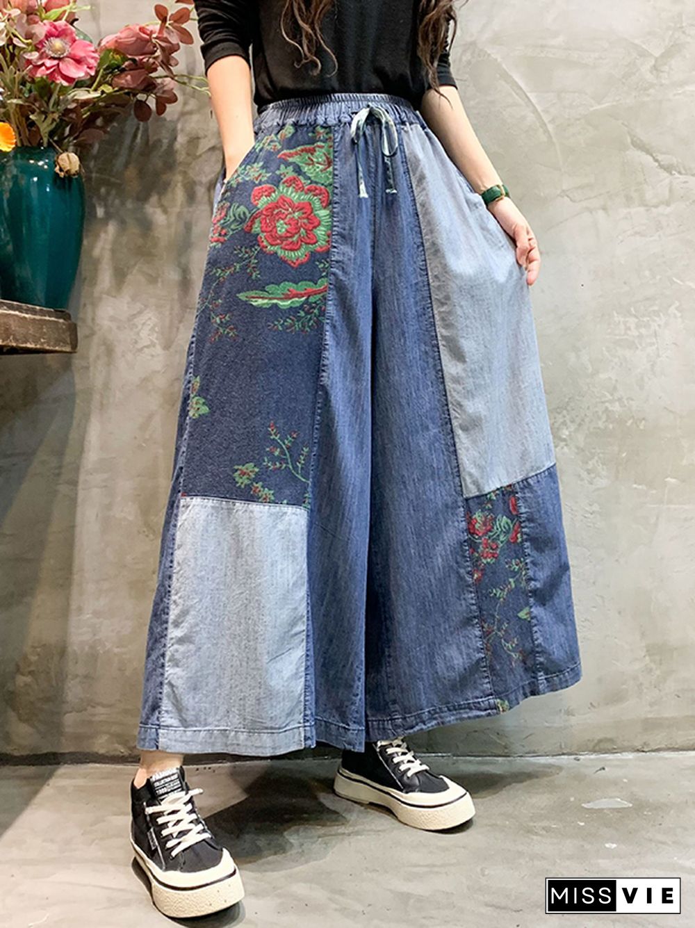 Casual Wide Leg Loose Color-Block Bandage Embroidered Jean Pants Bottoms