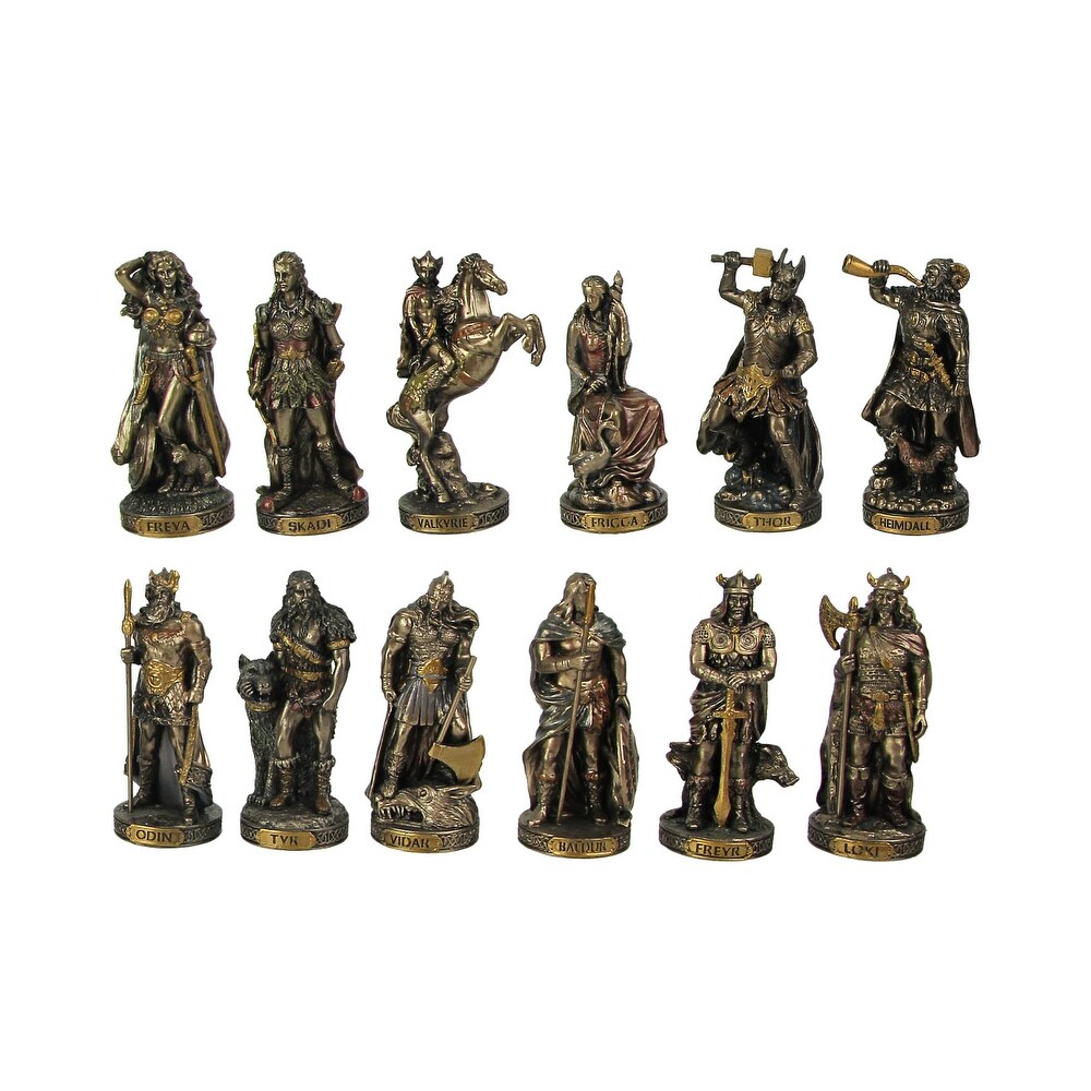 Bronze Finished 12 Piece Norse Gods And Goddesses Miniature Statue Set   3.25 X 1.25 X 1.25 inches