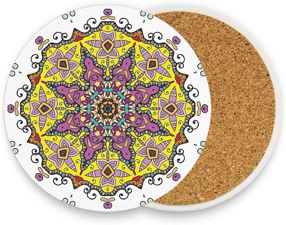 Printed Round Mandala Floral Decoration Ceramic Coasters With Cork-backed For Coffee Drink Cup Mat Absorbent Stone Coaster Set Of 1/2/4