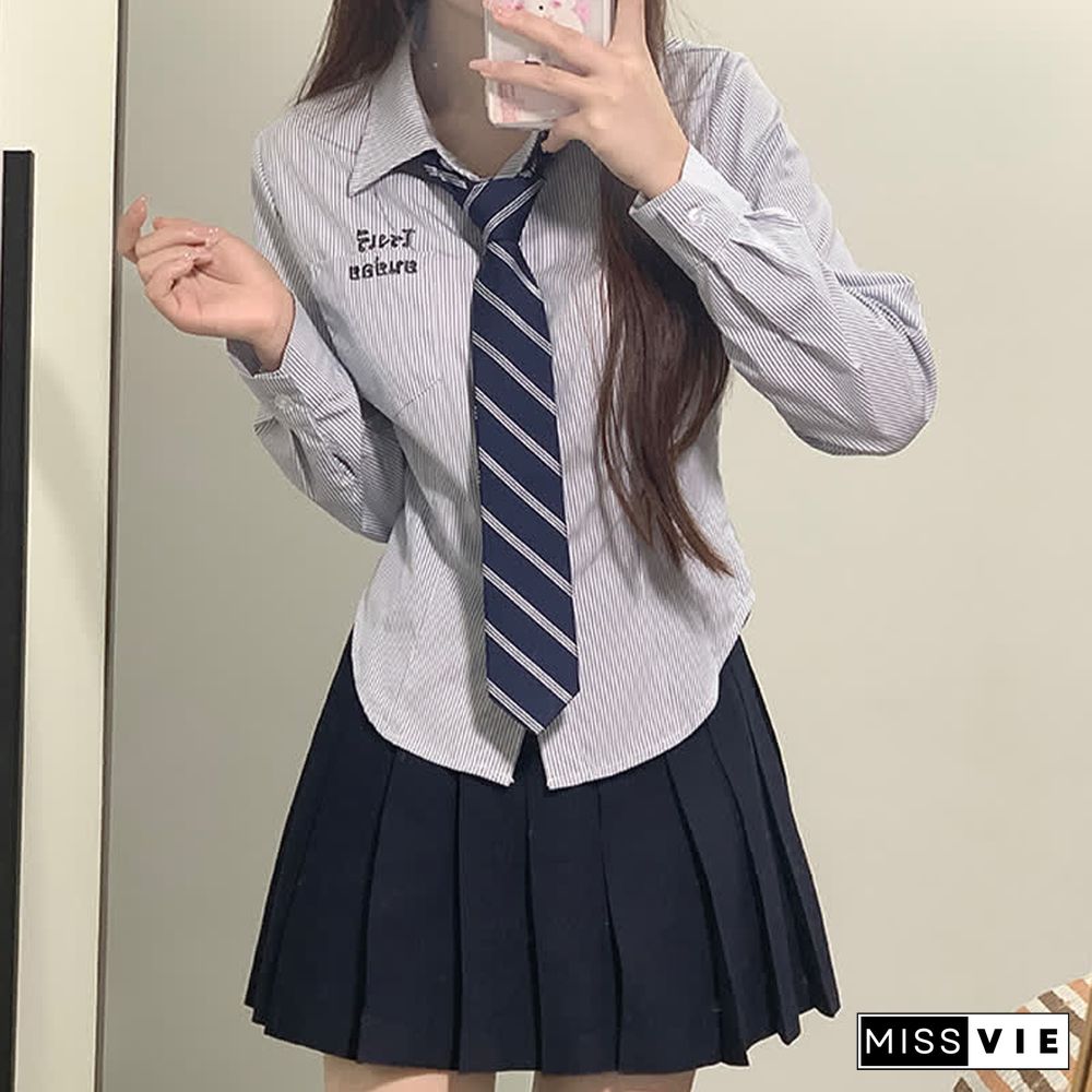 Letter Embroidery Stripe Tie Polo T-Shirt Pleated Skirt JK Uniform