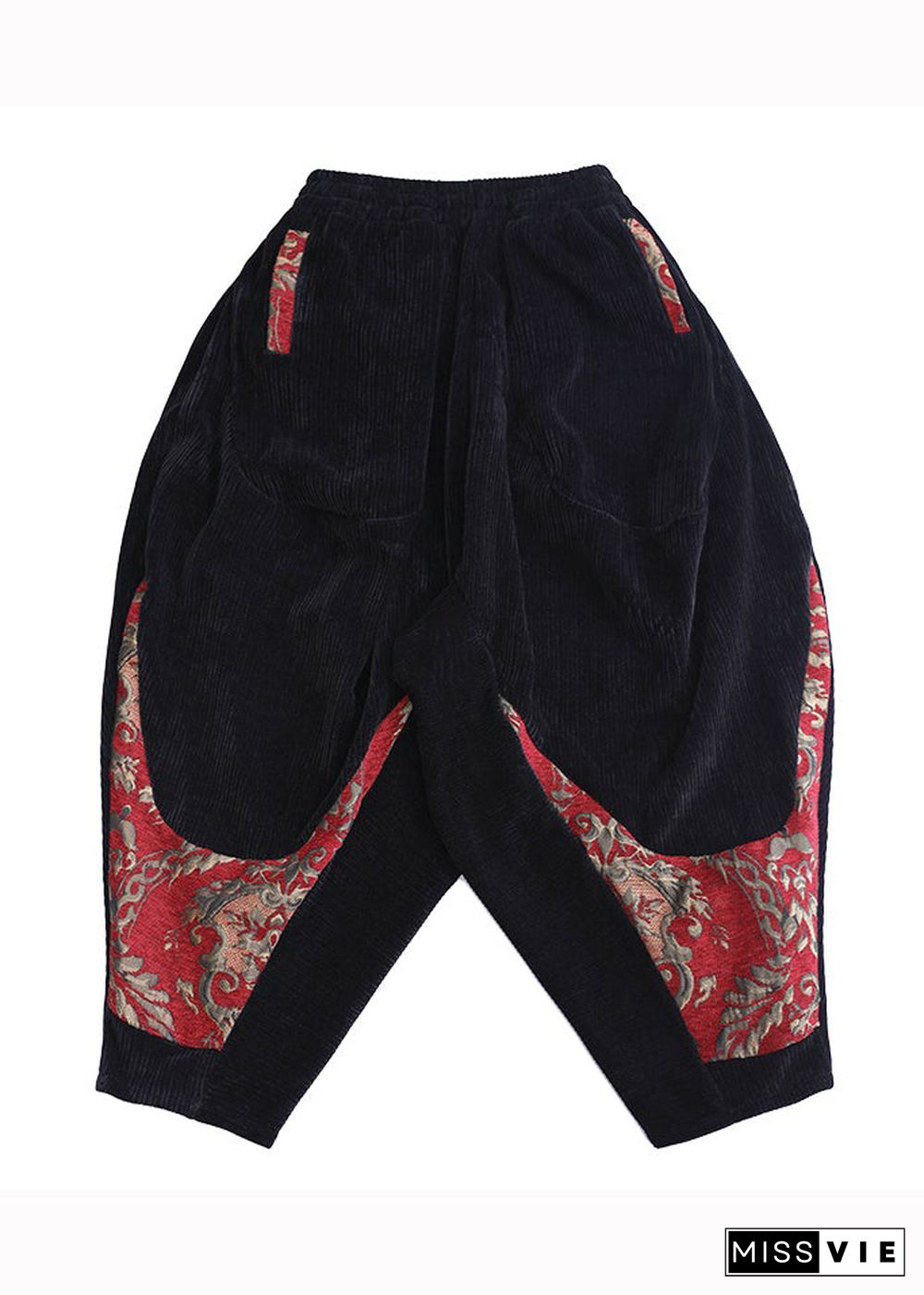 Plus Size Black Pockets Embroideried Corduroy Lantern Pants Fall