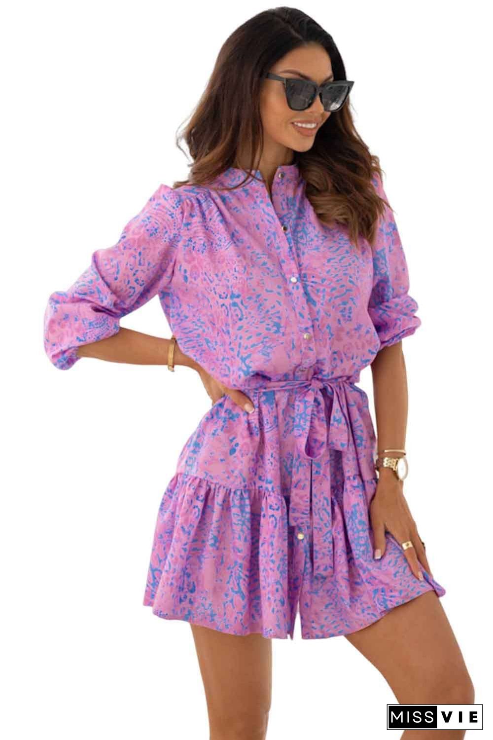 Purple Leopard Print Long Sleeve Shirt Dress