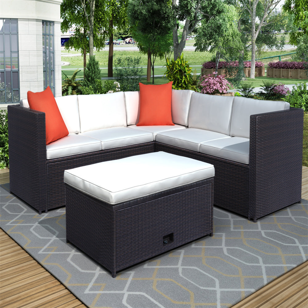 Sectional Garden Sofa with Cushioned and Pillows, Patio PE Rattan Furniture Set, 4 PCS