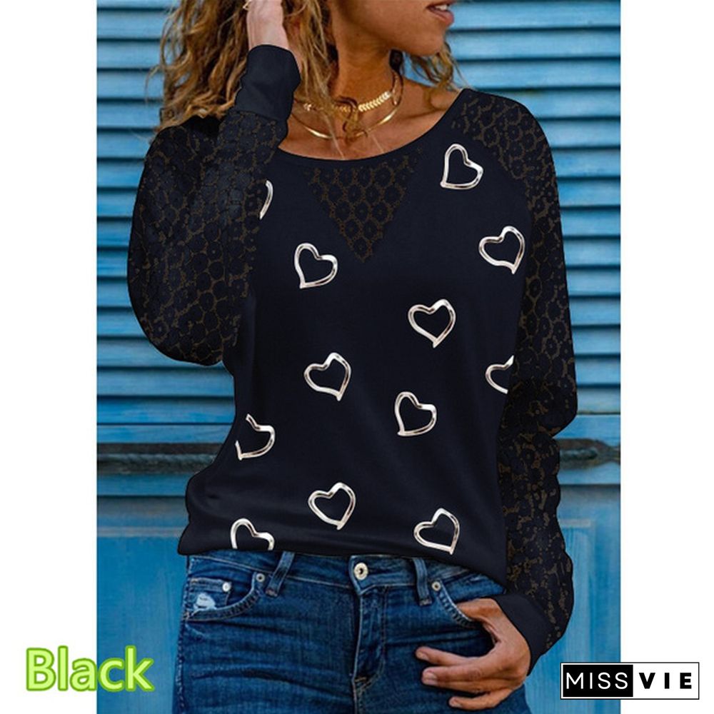 Spring and Early Autumn New Fashion Women's Love Printed Lace Long Sleeve Casual Top Loose Plus Size Soft and Comfortable Round Neck Bottoming Shirt XS-5XL