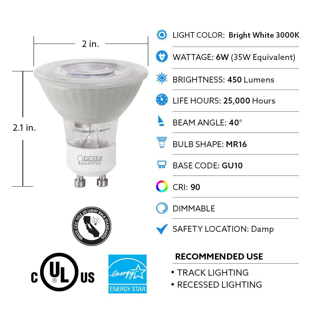 Feit Electric 50-Watt Equivalent MR16 GU10 Dimmable Track Lighting 90+ CRI Frosted Flood LED Light Bulb Bright White (3-Pack) BPMR16IFGU500930CA3