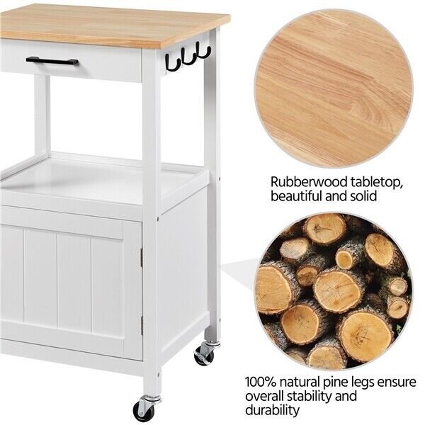 Wood Top Kitchen Island Rolling Cart with 1 Drawer and Single Door Storage， White