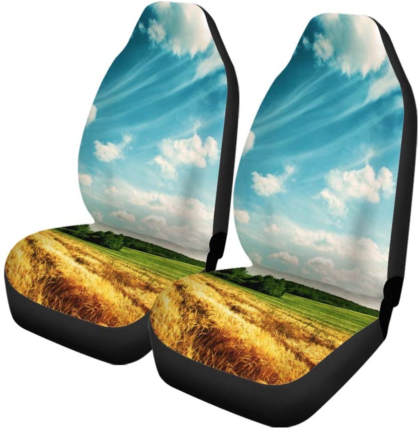 FMSHPON Set of 2 Car Seat Covers Green Farm Summer Landscape Wheat Field and Clouds Yellow Universal Auto Front Seats Protector Fits for Car，SUV Sedan，Truck