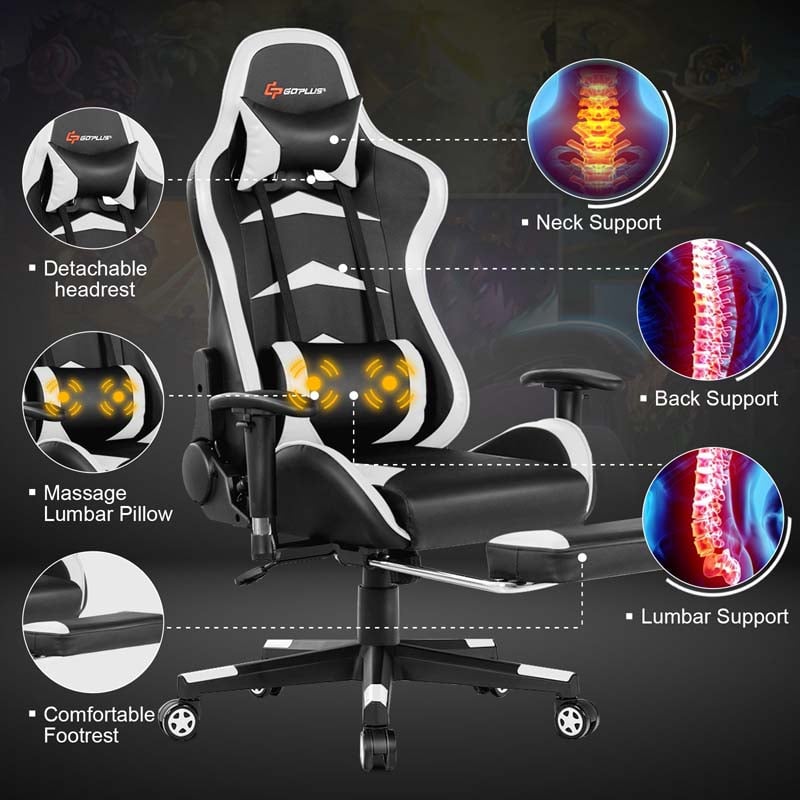 PU Leather Massage Gaming Chair with Footrest, Height Adjustable High Back Ergonomic Gamer Racing Recliner, Swivel PC Game Chair Office Chair