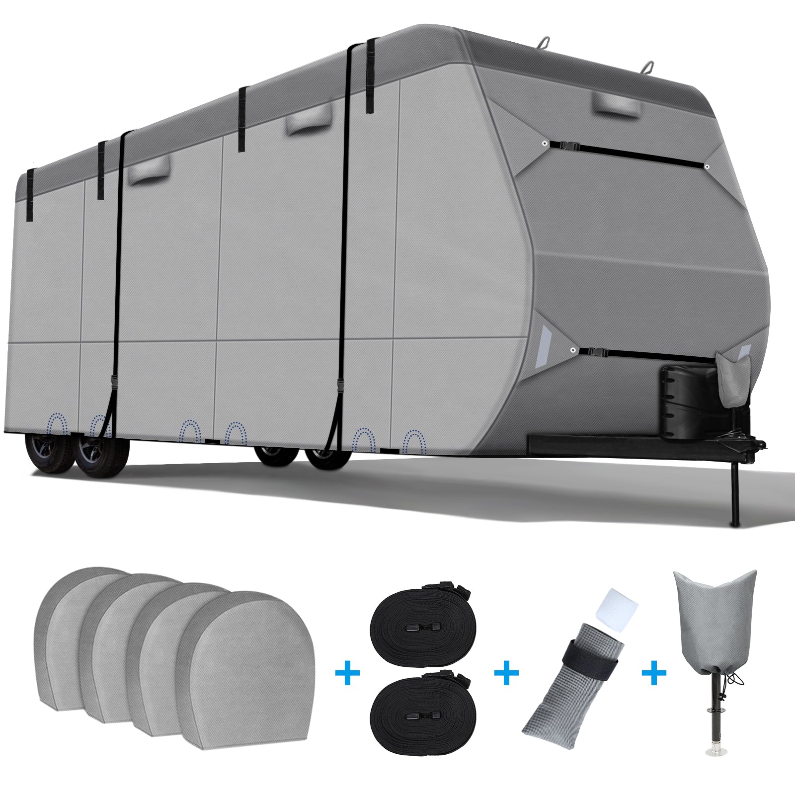 RVmasking 7 Layers Top RV Cover， 26-34' RV Covers for Travel Trailers Motorhome Anti-UV， Rip-Stop， Breathable with Tongue Jack Cover， 2Pcs Straps and Gutter Coversandnbsp;