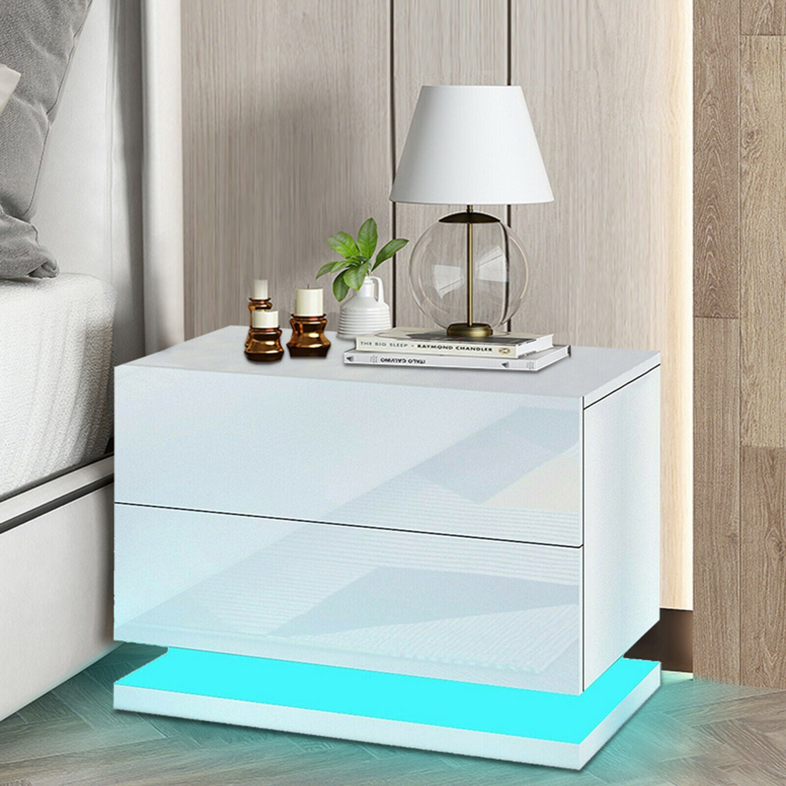 OUKANING LED Lighting Nightstand 2 Glossy Drawer Modern Bedside End Table White