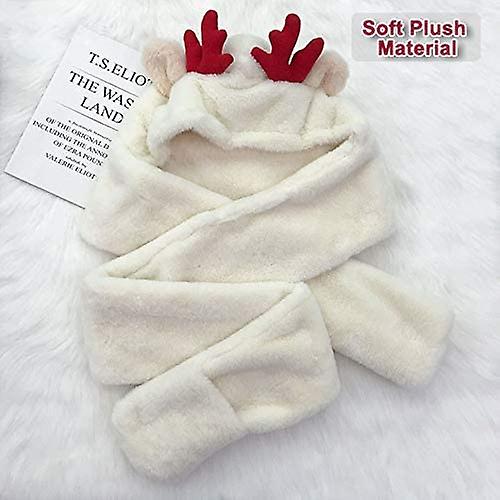 3 In 1 Hat Gloves Scarf Cute Plush Antler Hat Winter Warm Animal Hood Hat For Women Girls Christmas Costume Dress Up White -