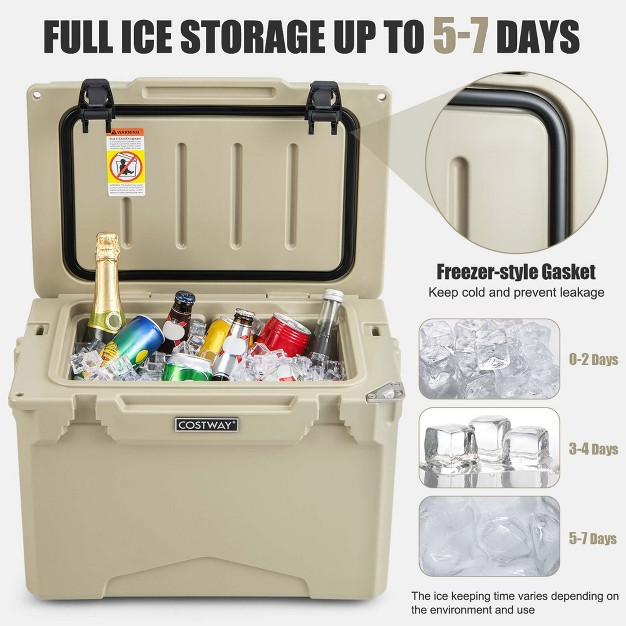 Costway 25 Qt Portable Cooler Rotomolded Ice Chest Insulated Ice Box For 5 7 Days Charcoal tan