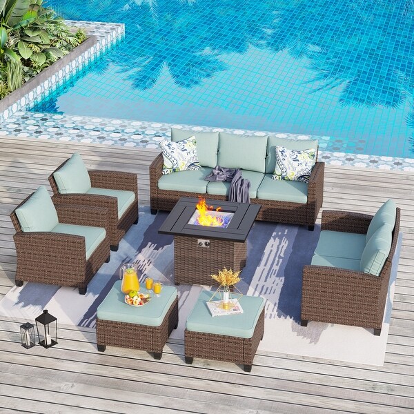 9Seat Patio Furniture Wicker Rattan Outdoor Highback Sectional Sofa Conversation Set with Firepit Table