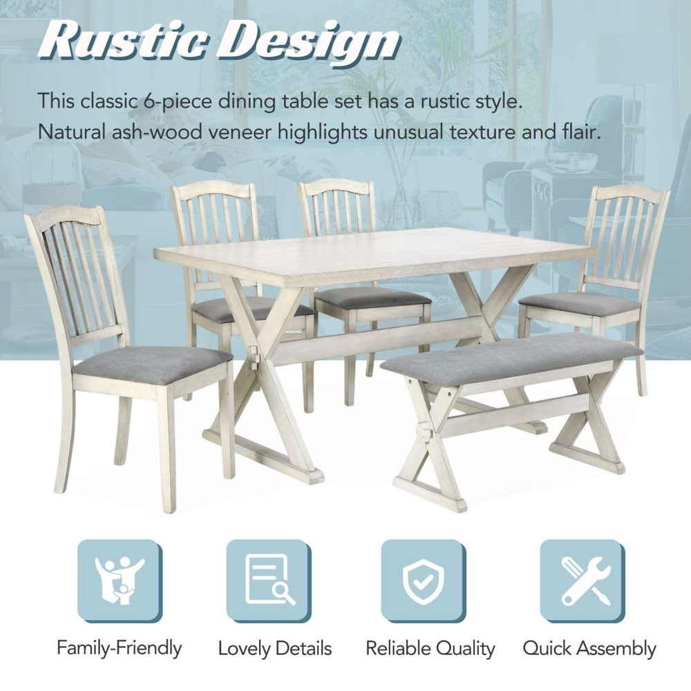 6 Piece Rustic Dining Set Trestle Table and 4 Upholstered Chairs   1 Bench