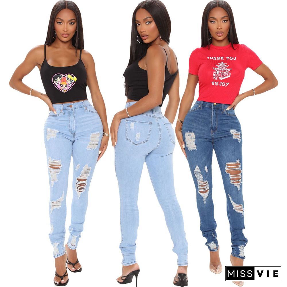 Summer New Women Mid Waist Stretch Skinny Ripped Wild Zipper Make Old Streetwear Jeans