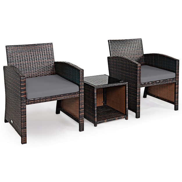 Tangkula 3 Pcs Patio Rattan Furniture Set Conversation Chair Set With Soft Cushion amp Coffee Table For Backyard Poolside Garden Gray