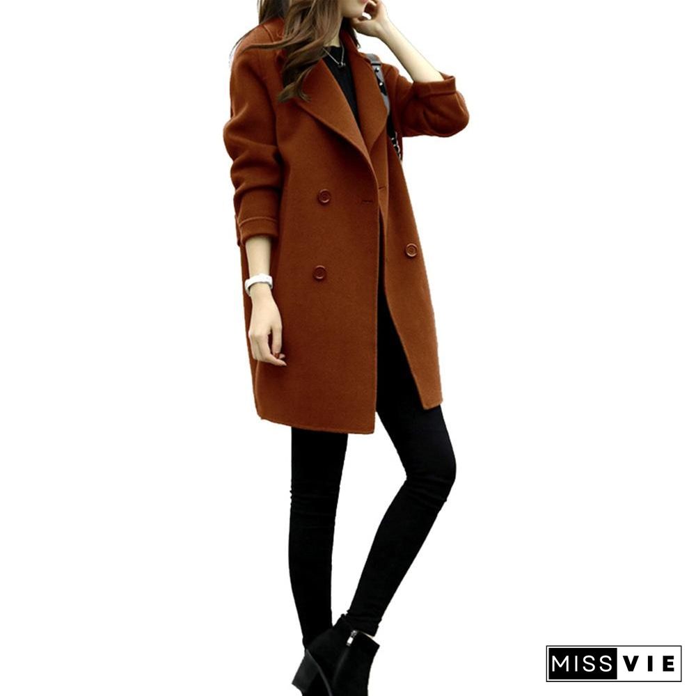 new Women Jacket Autumn Winter Solid Color Lapel Double-breasted Midi Coat Woolen Outwear Lady button-down jacket