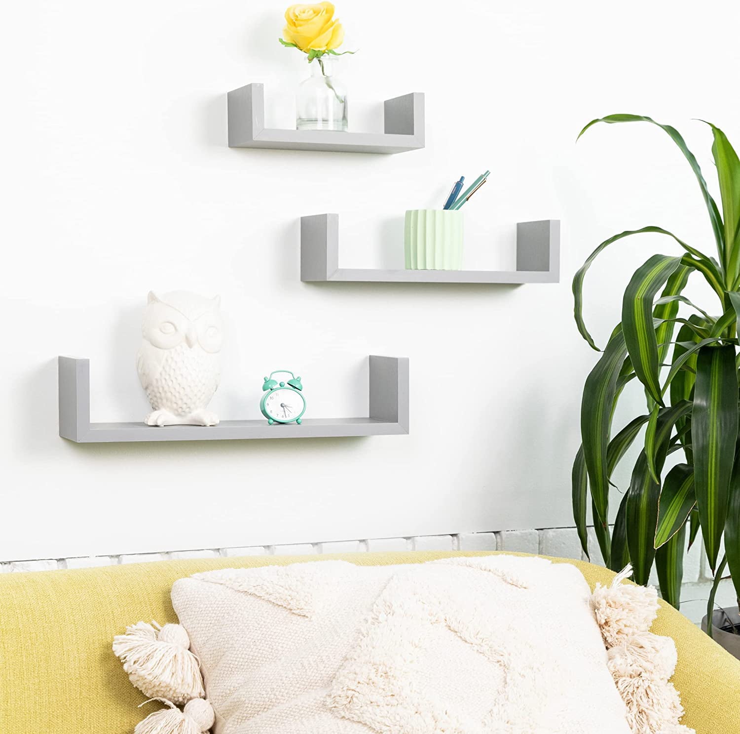 Greenco Set of 3 Floating U Shelves, Gray Finish