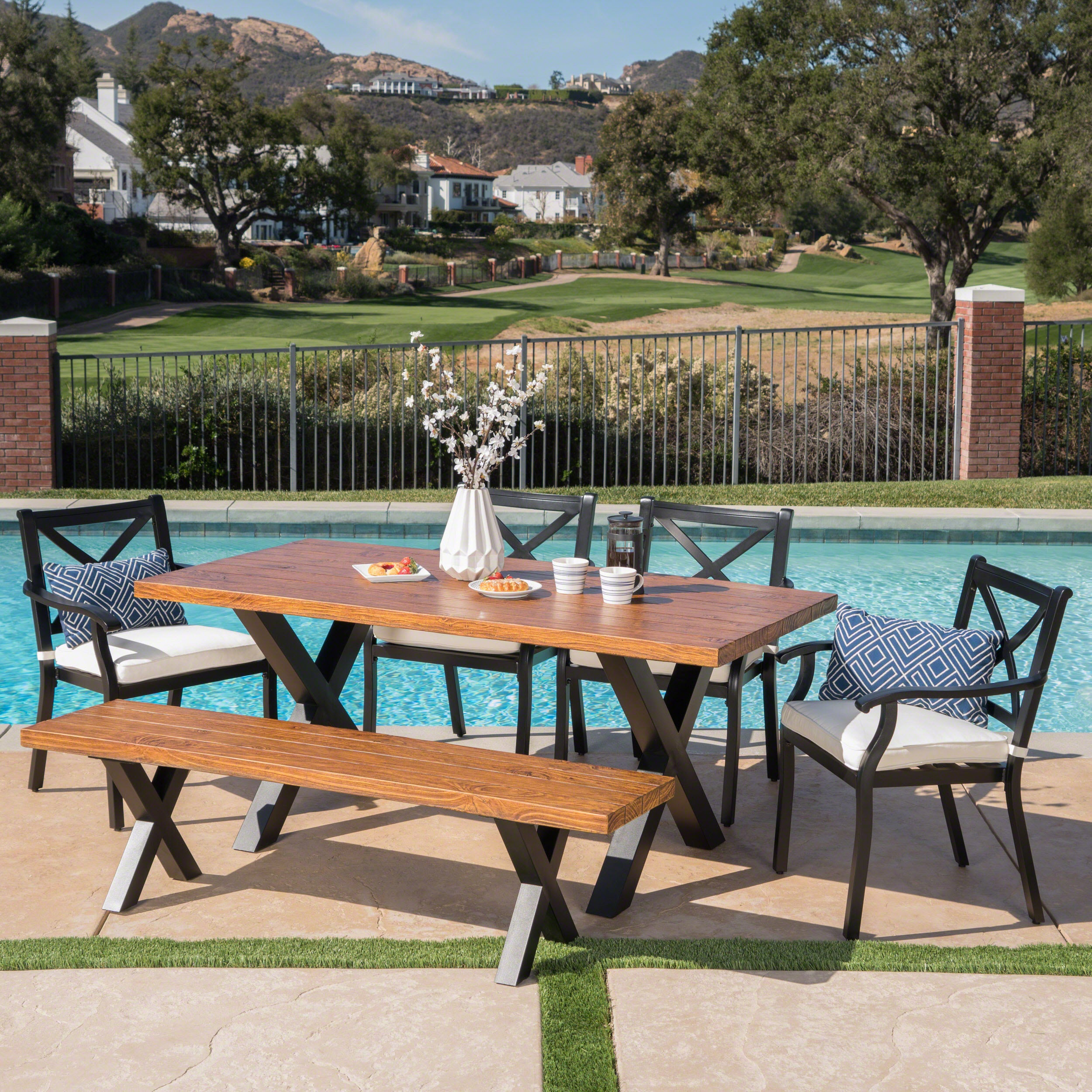 Sebastian Outdoor 6 Piece Aluminum Dining Set with Concrete Table and Bench