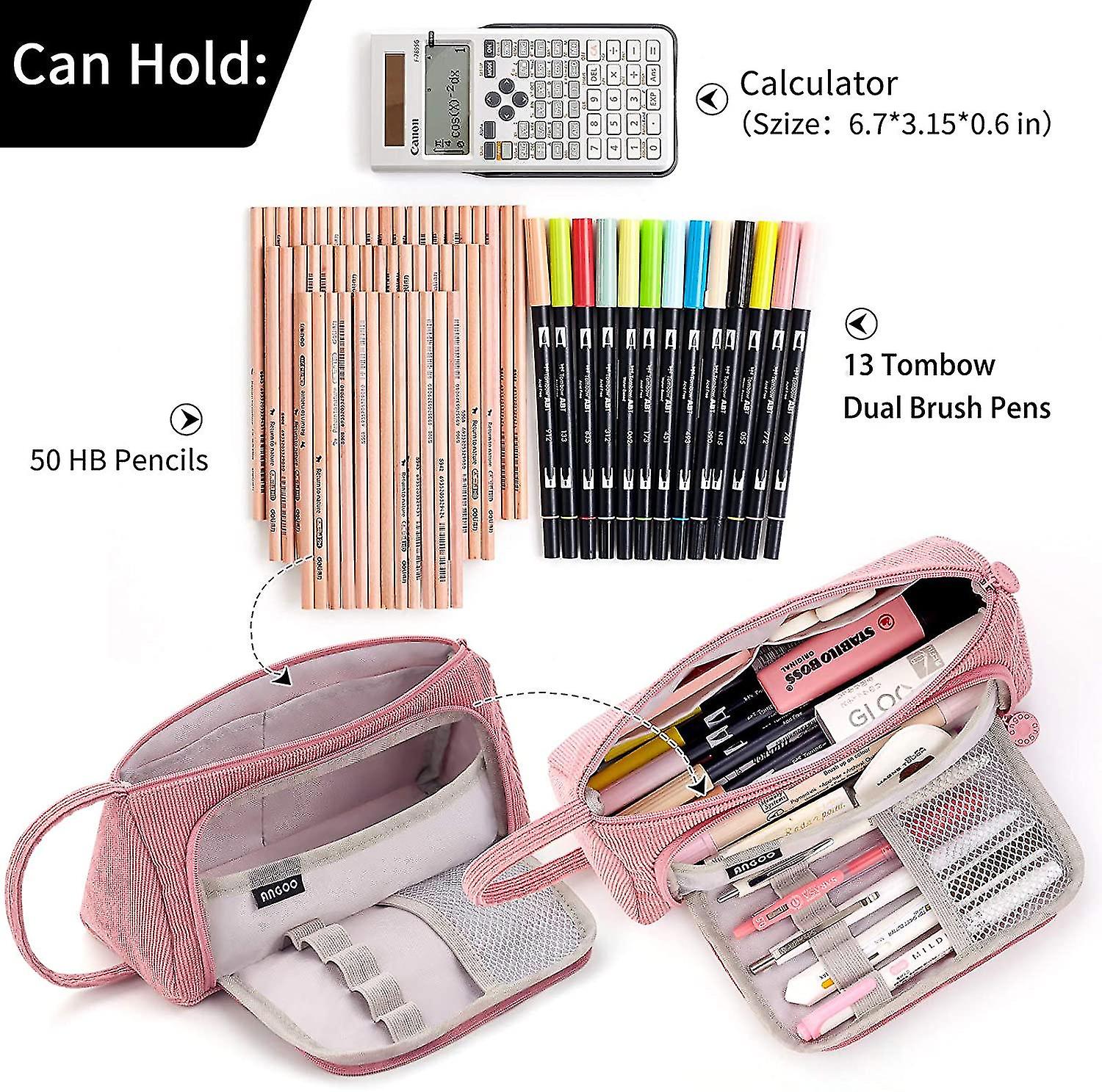 Pencil Case Zipper Large Capacity Pen Pouch Stationery Bags (Pink)