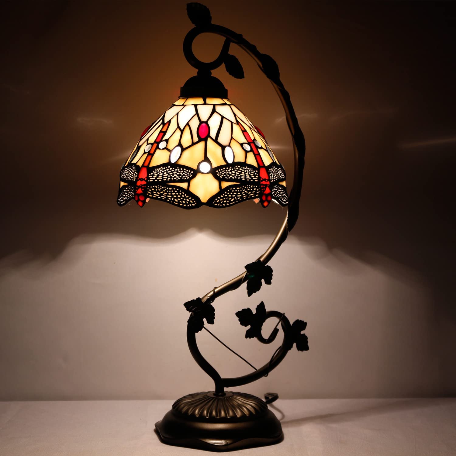 SHADY  Style Lamp Amber Stained Glass Dragonfly Table Lamp  Metal Leaf Base 8X10X21 Inches Desk Light Decor Small Space Bedroom Home Office S557 Series