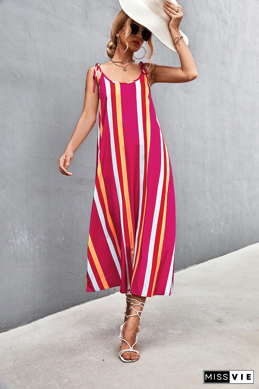 Sexy Dress For Women Summer Dresses New Casual Loose Beach High Waist Backless Lace-up Contrast Stripe Long Sling Dress