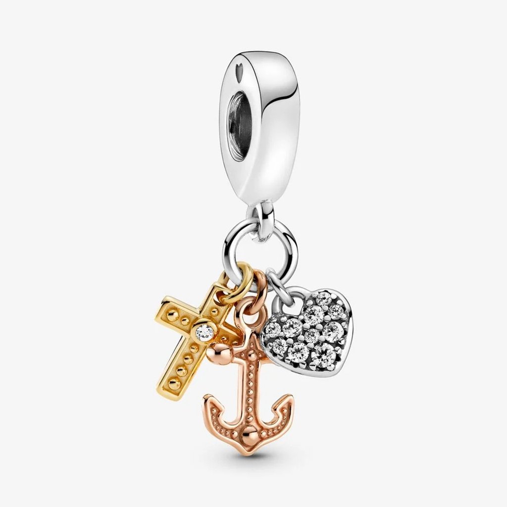 PANDORA  Triple-tone Cross, Heart, & Anchor Dangle Charm