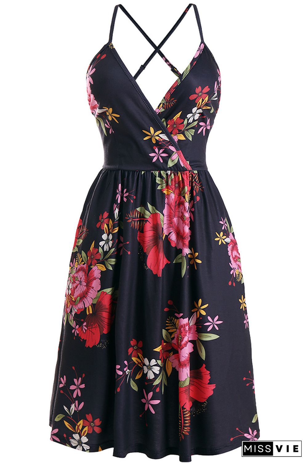 V-neck Slip Backless Floral Print Dress Wholesale