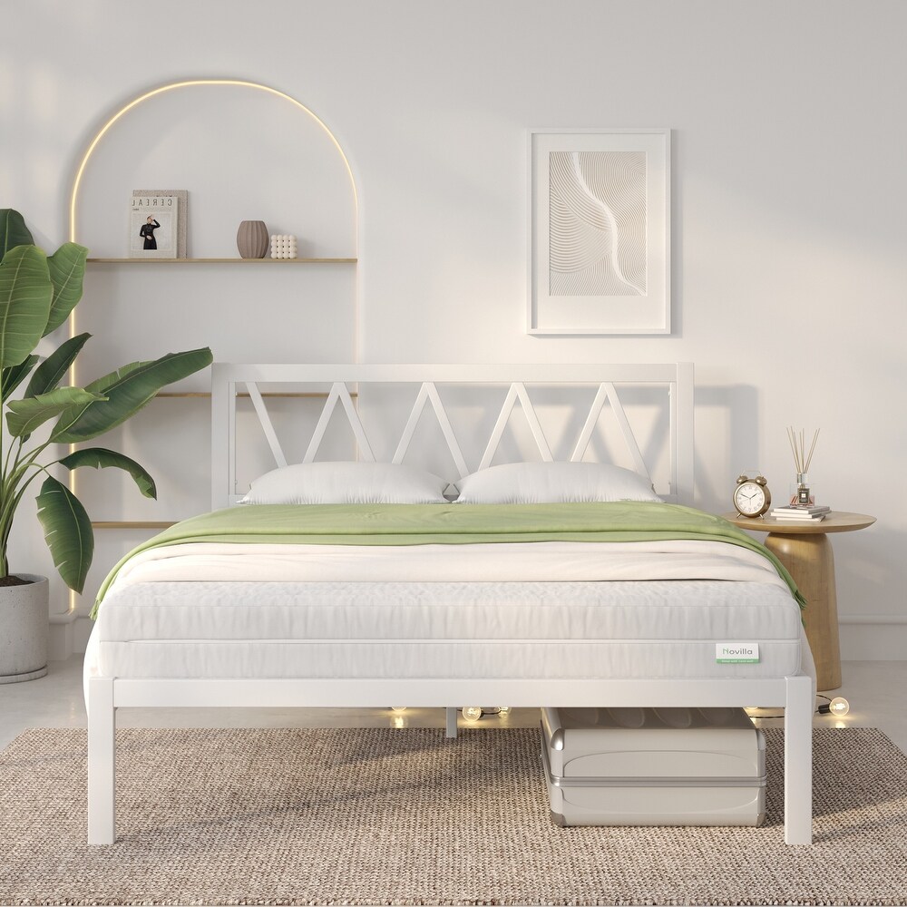 Novilla Metal Bed Frame with Headboard  Wood Slat Support White