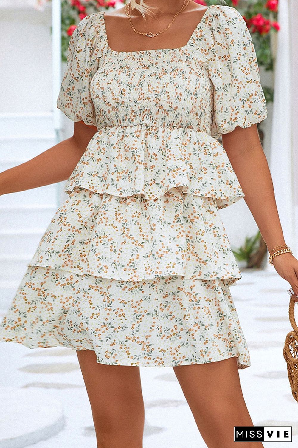 Smocked Square Neck Tiered Floral Dress