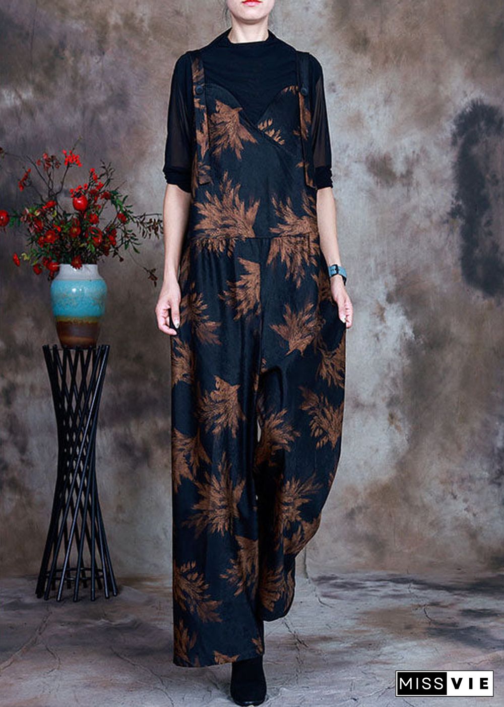 Retro Navy fashion Print slim fit Fall jumpsuit pants